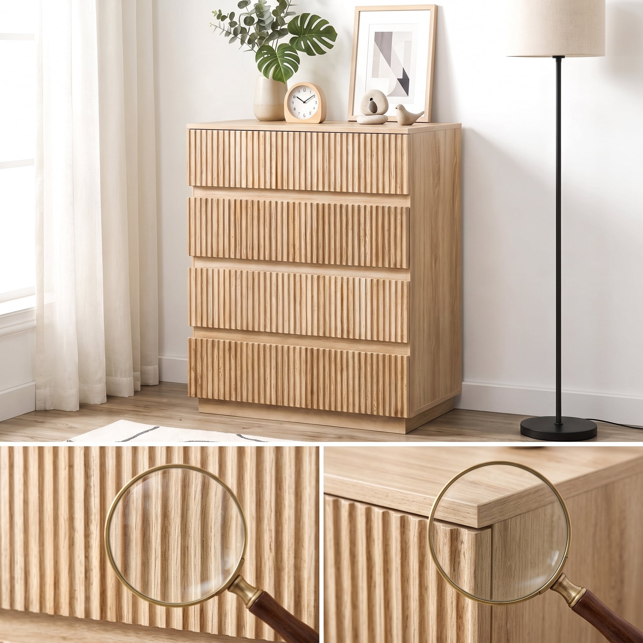 Handleless Grille-Finished 4-Drawer Bedside Table, P2 Particleboard + MDF & ,elamine Veneer + Thermoformed Drawer Dresser 23.62*14.96*30.71in Oak