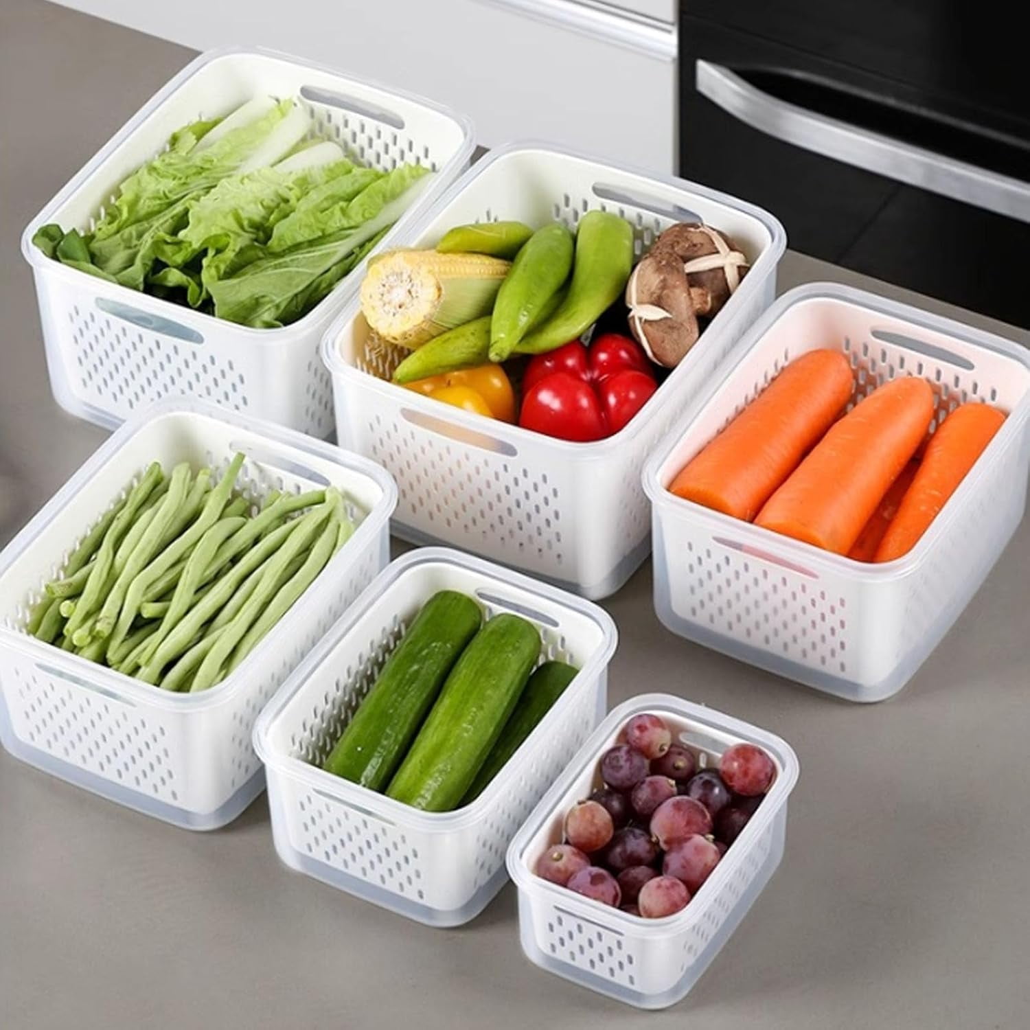 Household Transparent Plastic Food Storage Box-Including Drain Basket, Transparent Plastic Food Storage Box-Including Drain Basket, Large Fruit Containers for Fridge with Removablecolander