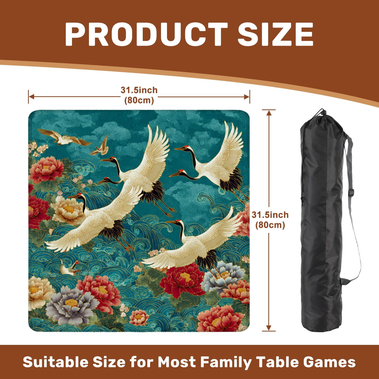 Mahjong Mat 31.5" x 31.5" Japanese seamless crane birds elements Asian Non-Slip Noise Reduction American Mahjong Tiles Table Cover for Dominoes Poker Card Board Games Gift