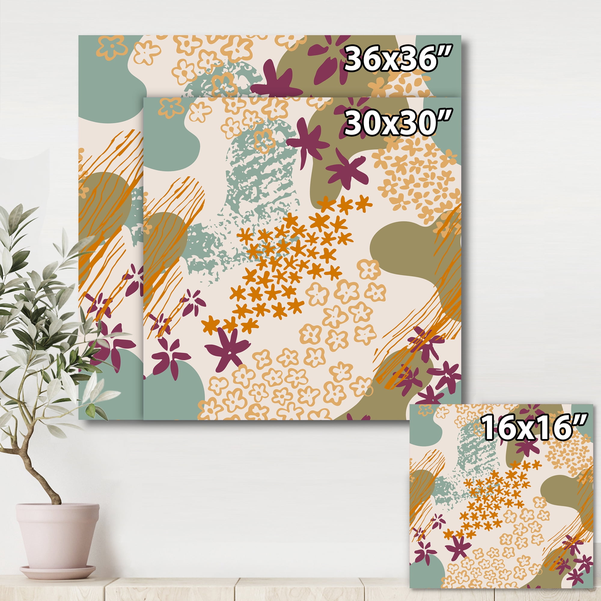 Designart ' Fluid Shapes and Flowers Silhouettes ' Modern Canvas Wall Art Print