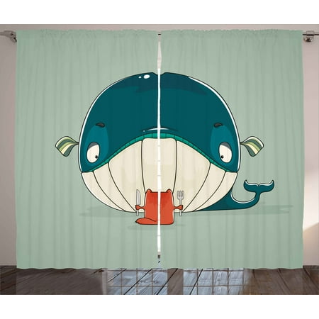 Living Room Dinner Ideas Whale Curtains 2 Panels Set, Greedy Little Cat Sitting down to Dine on A Huge Fish Dinner of Whale Cartoon, Window Drapes for Living Room Bedroom, 108W X 108L Inches, Almond Green Teal, by Ambesonne ()