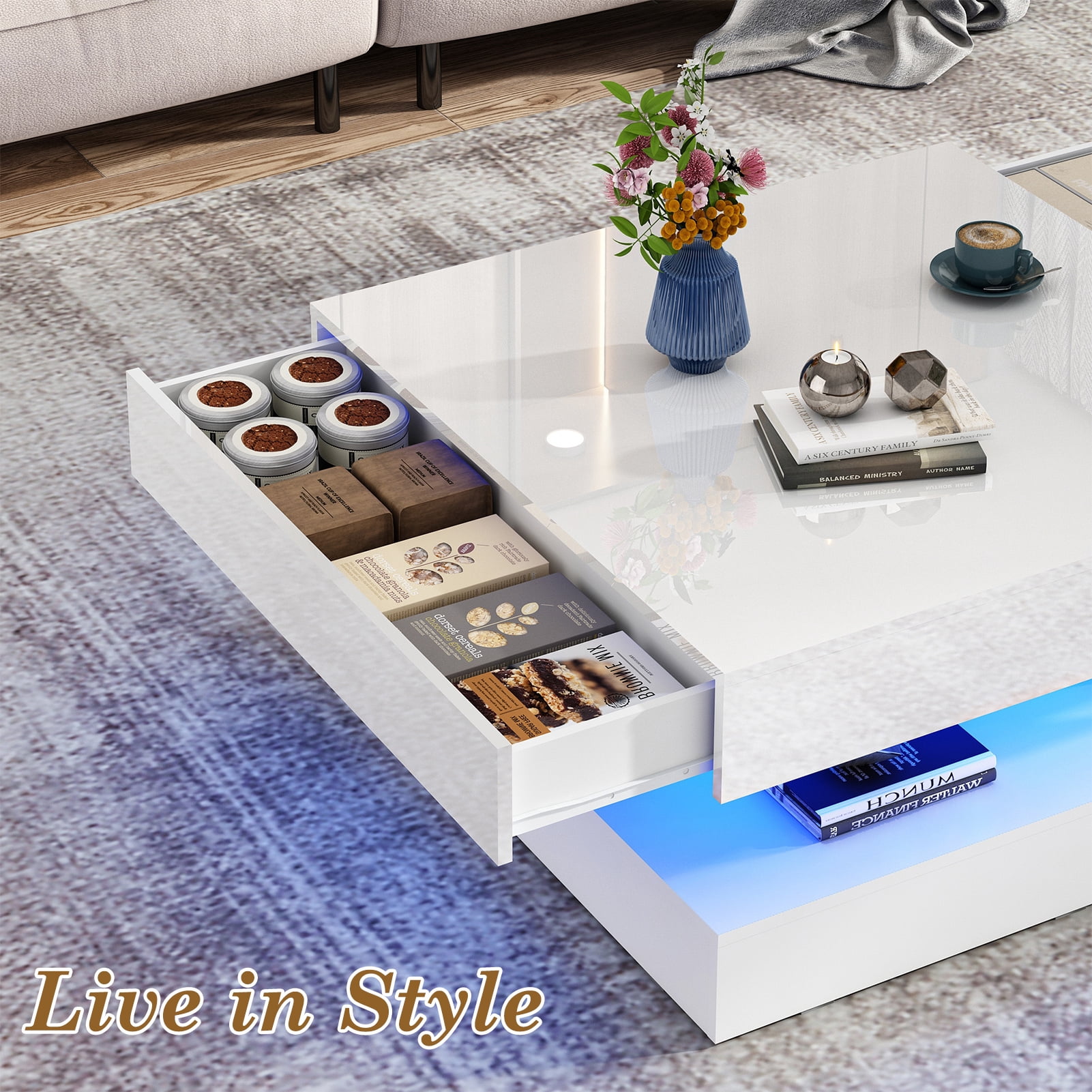 ChVans 34" LED Square Coffee Table with 2 Drawers, 2-Tier White High Glossy Coffee Table with Led lights & Storage Drawer, Modern Living Room Tables
