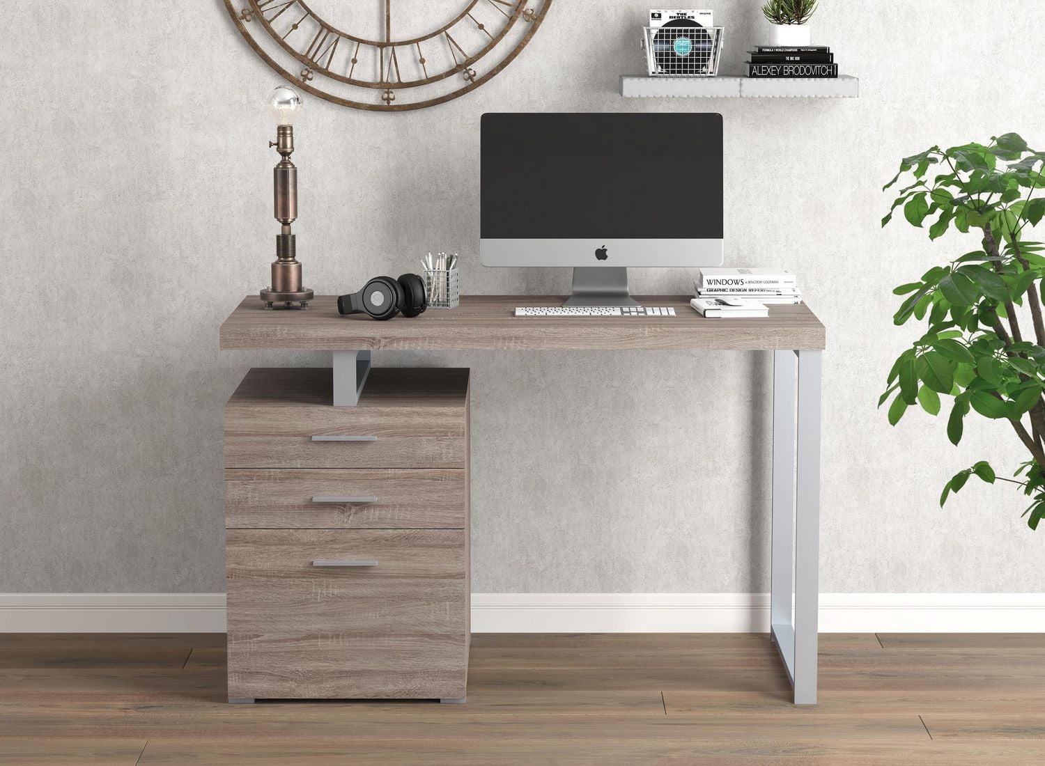 Safdie & Co. Computer Desk 47.25L Dark Taupe 3 Drawers Silver Metal