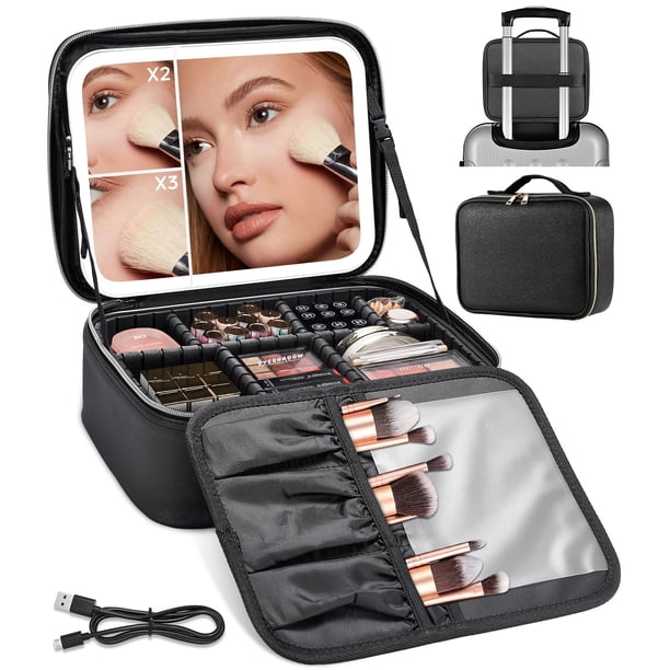 14 Pulgadas Cosmetiquera para Maquillaje con Espejo para Maquillaje,Cosmetiquera con Espejo y Luz Led,3 Luces de Colores Ajuste Táctil,Bolsa de Maquillaje Lupa de 1 2 3 Aumentos,6 Divisores