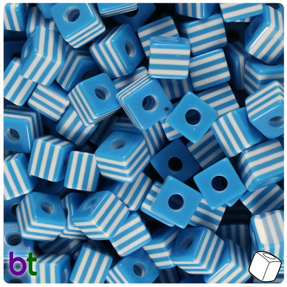 BeadTin Blue & White Striped 10mm Cube Plastic Resin Beads (100pcs)