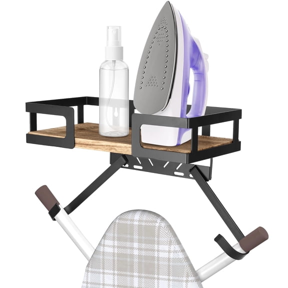 Wall Mount Ironing Board Holder, Metal Frame with Wood Shelf, Heavy Duty Storage Organizer Holds up to 30 lbs, T and V Shaped Ironing Board Hanger for Laundry Room, Utility Room