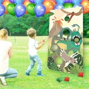 DinoToss Bean Bag Bash - Exciting Dinosaur Party Game Set for Kids' Birthday Celebrations and Family Gatherings - Includes Realistic Dino Banner