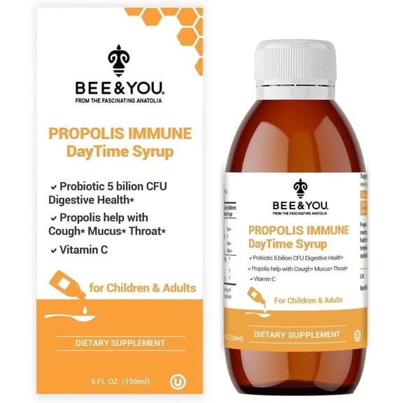 Bee and You Propolis Immune Day Time Syrup with Probiotic, Vitamin C, Immune Support, Digestive Health, Antioxidants, Gut Health 5 Fl Oz