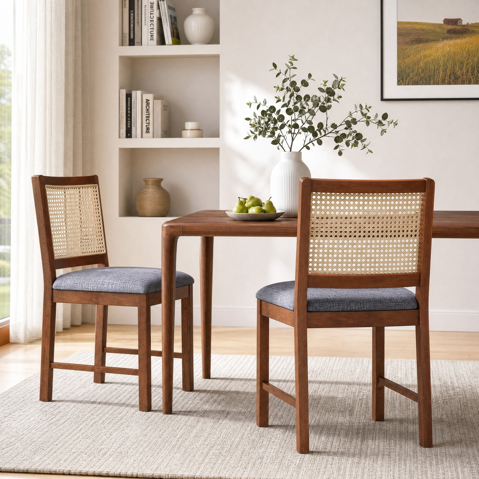 Furnibear Rattan Dining Chairs Set of 2 with Rubber Wood Frame and Linen Fabric Padded Seat for Kitchen and Dining Room, Walnut