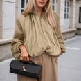 thumbnail image 2 of QHFBli Women's Puffed Bomber Jacket Oversized Streetwear Casual Batwing Sleeve Lapel Collar Zip Front Pleated Shirts, 2 of 6