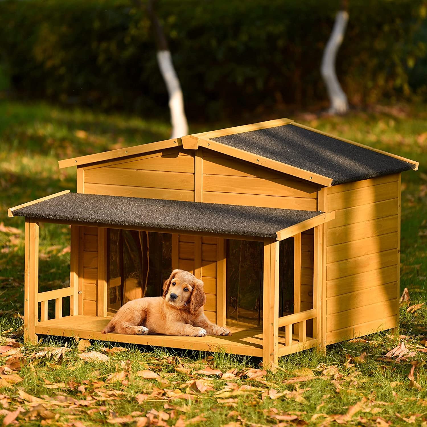 ANYSUN Large Wooden Dog House, Outdoor &amp;amp; Indoor with Porch, 2 Doors