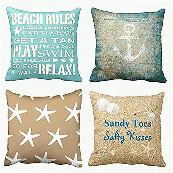 Housses de Coussin Règles d'Été Nautiques - Ensemble de 4 Ancre Étoile de Mer de Plage Décoratives en Taupe Vieilli, 26x26 Pouces Carré pour Décoration Intérieure
