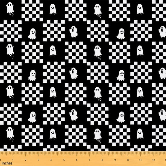 Erosebridal Black White Ghost Fabric by the Yard 1 Yard, Checkerboard Halloween Pattern Home Decor Fabric by the Yard
