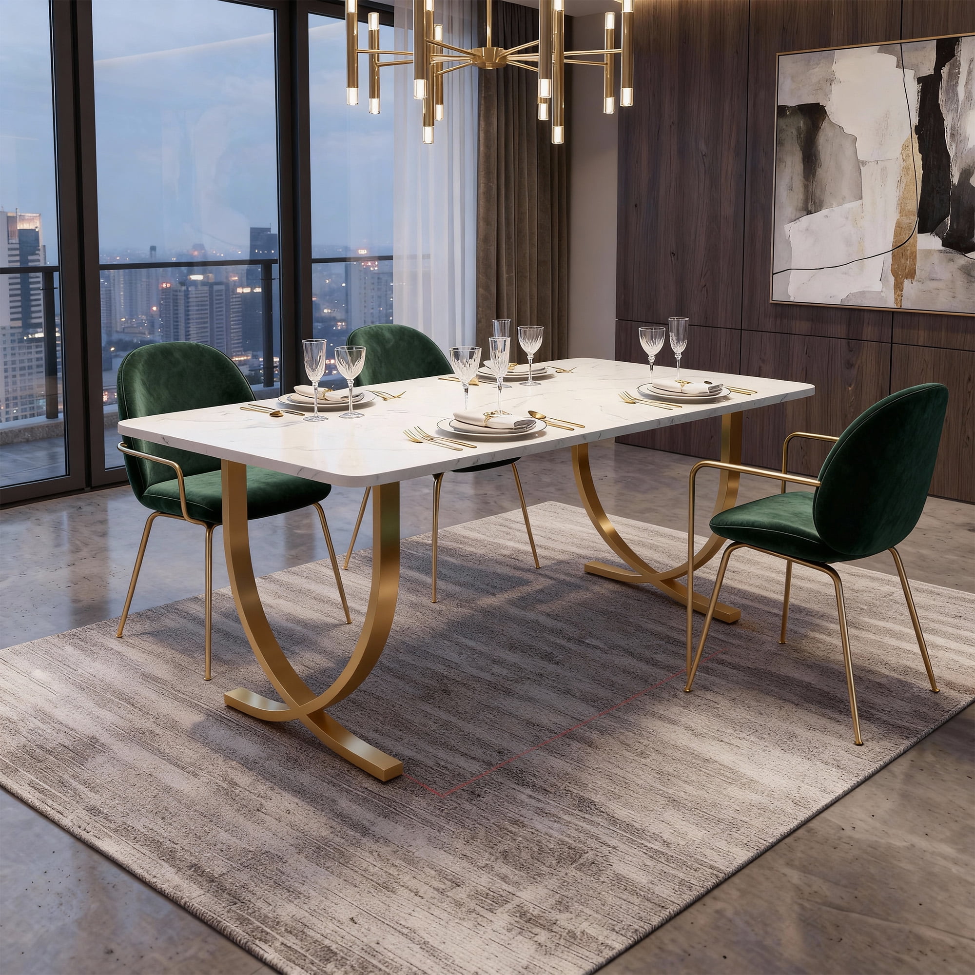 KIOOTTO 63" Executive Office Desk, Faux Marble Computer Workstation with Gold Metal Frame, White