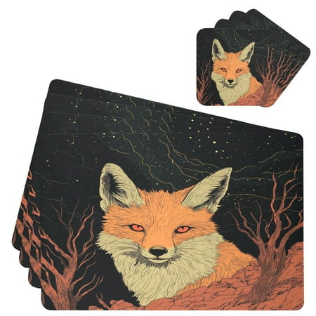

Wobogo Night Orange Fox Placemats Coasters Set of 4 Heat-resistant Non-slip Easy to Clean Square Dinner Plate Mat
