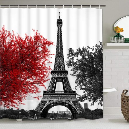 4 Pcs Paris Eiffel Tower Shower Curtain Sets With Non Slip Rug Toilet Lid Cover And Bath Mat Black Red Art Trees 12 Hooks Waterproof Romantic Vintage Paris Eiffel Tower Shower Curtain Sets, Red Eiffel Tower Shower Curtain Hooks
