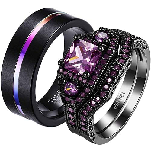 2 Anneaux Son et Son Couple Bagues Or Noir Plaque Pourpre Cz Femmes Bague de Mariage Ensembles Tungstene Bague Hommes Bandes de Mariage Walmart