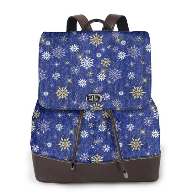 Easygdp Golden Snowflakes Royal Blue Mochila de Cuero para Mujeres, Bolso de Hombro, Bolsos de Mano de Moda para Trabajo y Viajes