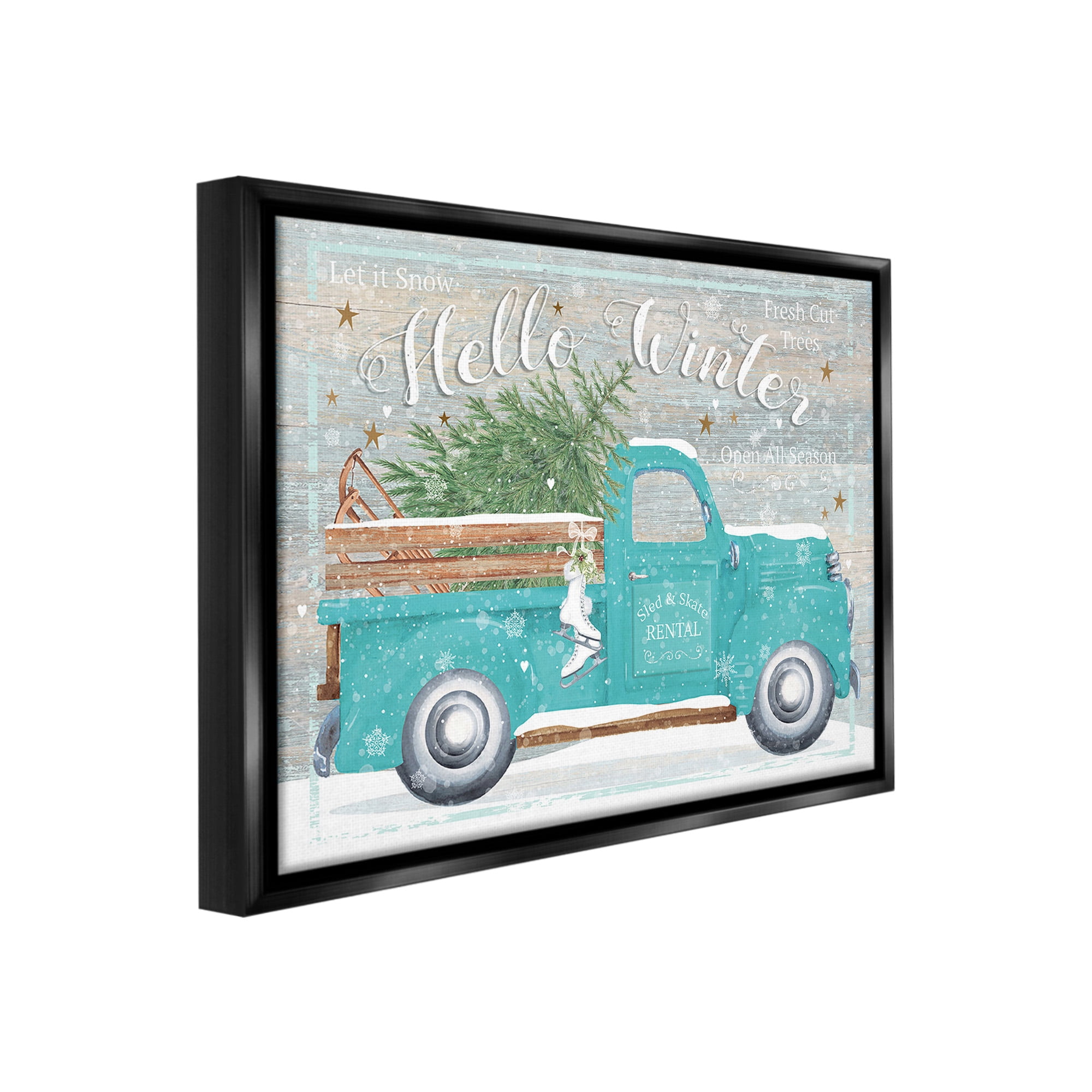 Stupell Industries Rustic Hello Winter Truck Holiday Painting Black Floater Framed Canvas Art Print Wall Art, 21 x 17