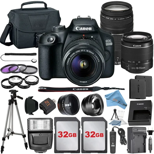 Canon EOS 2000D / Rebel T7 DSLR Camera with 18-55mm + 75-300mm Lens + 2 Pcs 32GB Memory + Tripod + Case + ZeeTech Kit