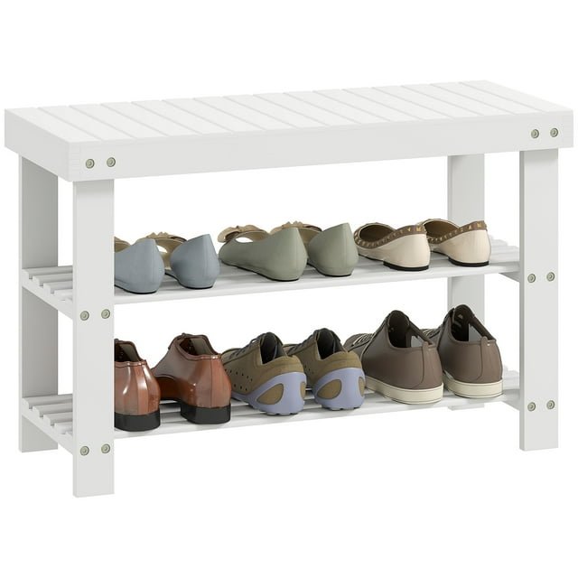 HOMCOM Bamboo Shoe Storage Bench, 3-Tier Entryway Bench, White