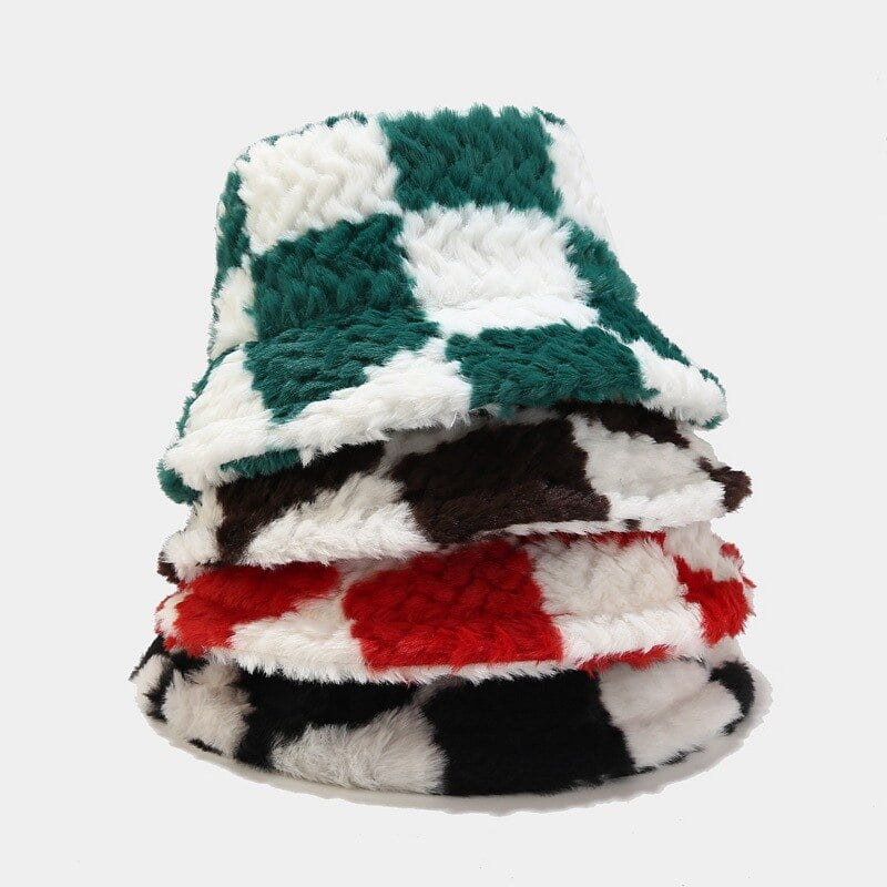 Pikadingnis Plaid Lamb Faux Fur Bucket Hat Winter Warm Velvet Hats for Women Lady Thicken Bob Panama Outdoor Fisherman Hats Caps Girls, Adult Unisex