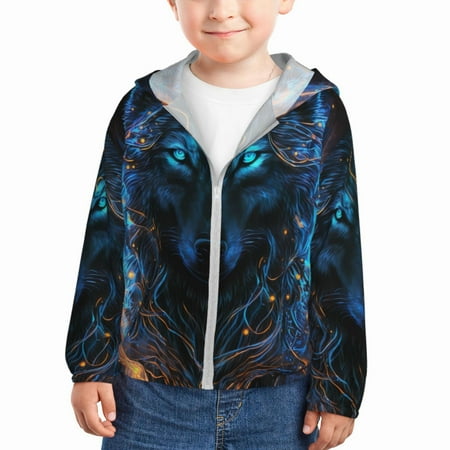 

Gaeub Cool Blue Light Wolf Print Athletic Sun Protection Hoodie for Kids Long Sleeve Outdoor UV Shirt Running Fishing Top for Boys Girls-5 Years