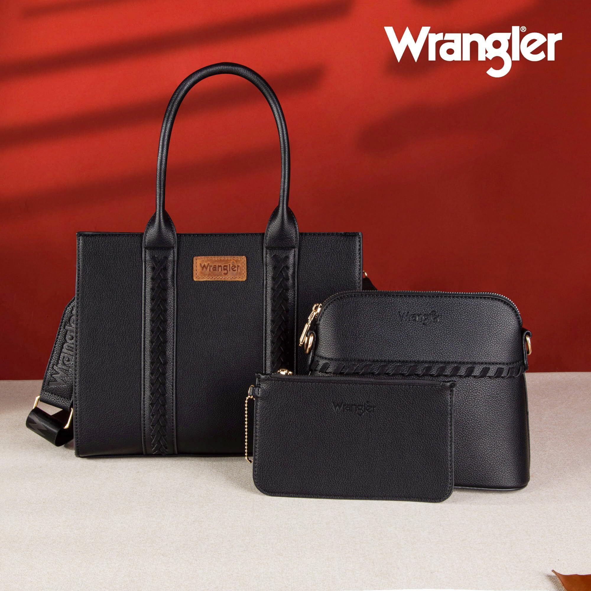 Wrangler 3Pcs Handbags Set Tote Bag & Medium Crossbody Purse & Wallet, Black
