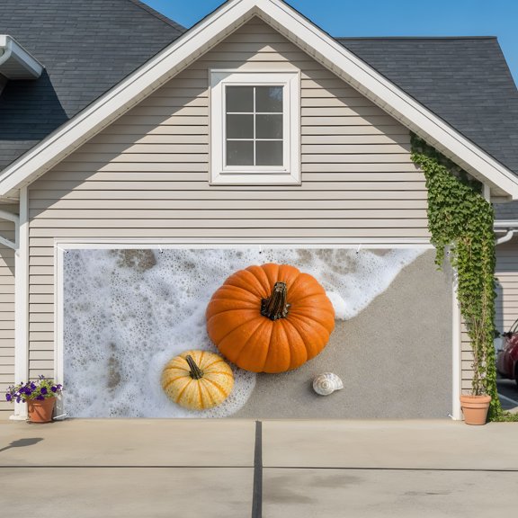 Garage Door Banner Fall Seaside Pumpkin Conch Garage Door Banner Cover for Outdoor Indoor, Thanksgiving Plant Coastal Theme Large Backdrop Banners 6.9x16ft