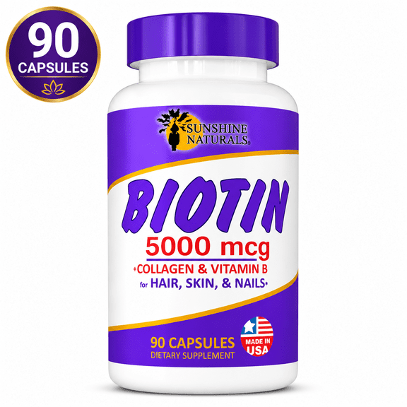 Sunshine Naturals Biotin 5000 Mcg Plus Collagen Supplement for Hair, Nails and Skin, 90 Capsules