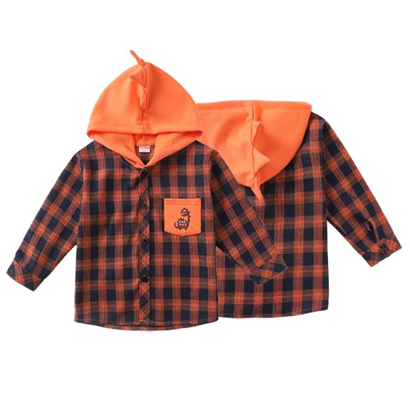 Esaierr Toddler Boys Classic Shirt for Baby Kids Hooded Plaid Shirt Jacket Cartoon Long Sleeve Button Fall Winter Tops for 1-7Y