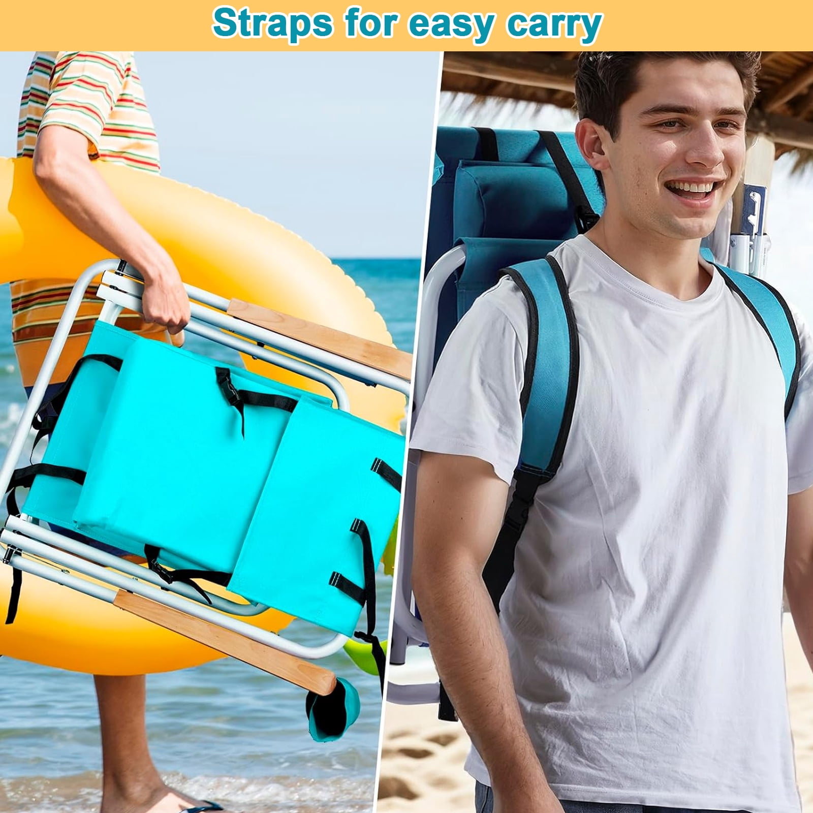 5-Position Adjustable Beach Lounge Chair with Cooler Cup Holder Storage Pockets, 600D Oxford Aluminum Frame Foldable Portable Backpack Beach Chair Holds 330 LBS