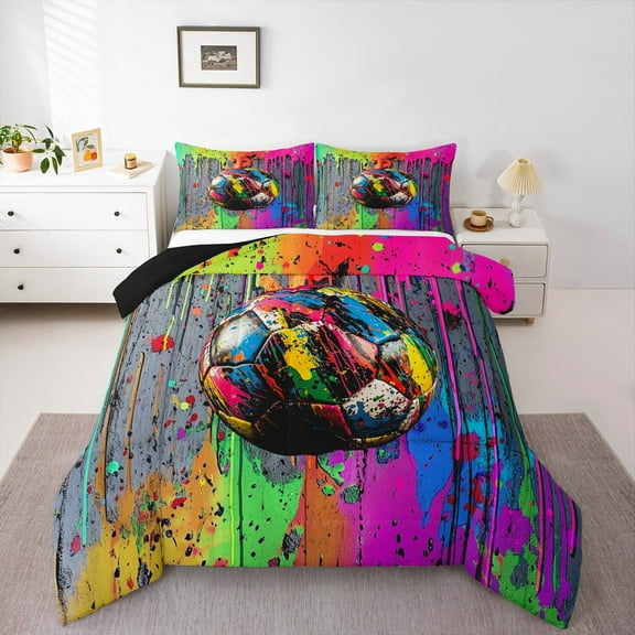 jejeloiu Boy Football Game Bedding Comforter Set,Soceer Sports Theme Twin Comforter Sets,Rainbow Splashing Ink Bedding Set For Girls Boys,Breathable Home Decor Reversible,2-Piece