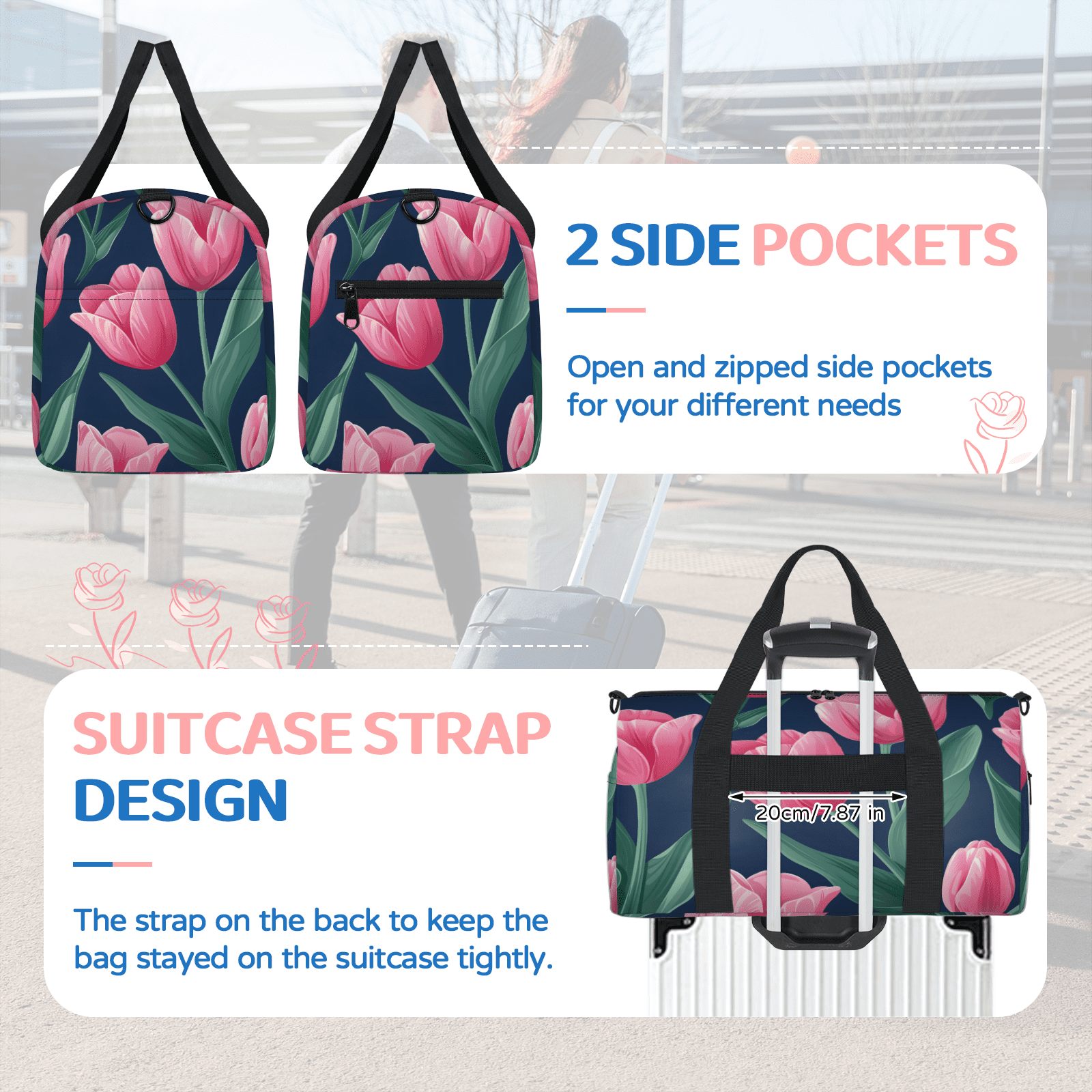 Herdesigns Pink Floral Gym Bag for Women, Duffle Bag for Travel Sport, Tulip Flower Lightweight Waterproof Carry on Weekender Dance Yoga Workout Bags