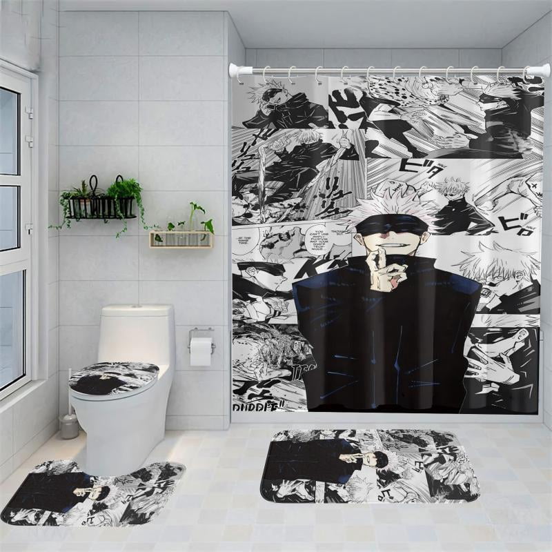 Lheaggik Anime Jujutsu Kaisen 4 Pcs Bathroom Sets with Shower Curtain and Rugs, Waterproof Polyester Shower Curtain Sets with Hooks