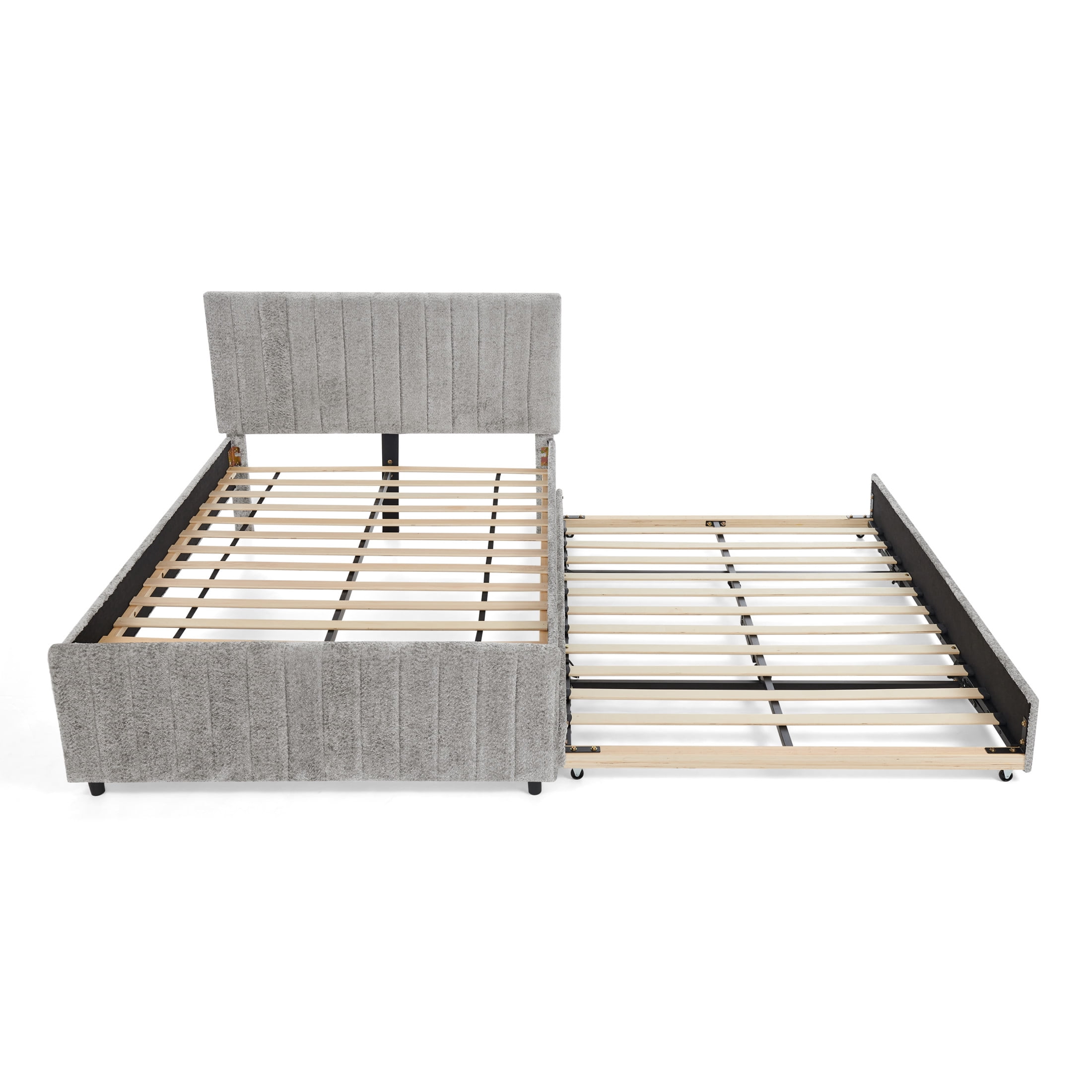 Noble House Fioren Full Size Chenille Upholstered Bed Frame, Space Saving Daybed with Hidden Trundle, Gray