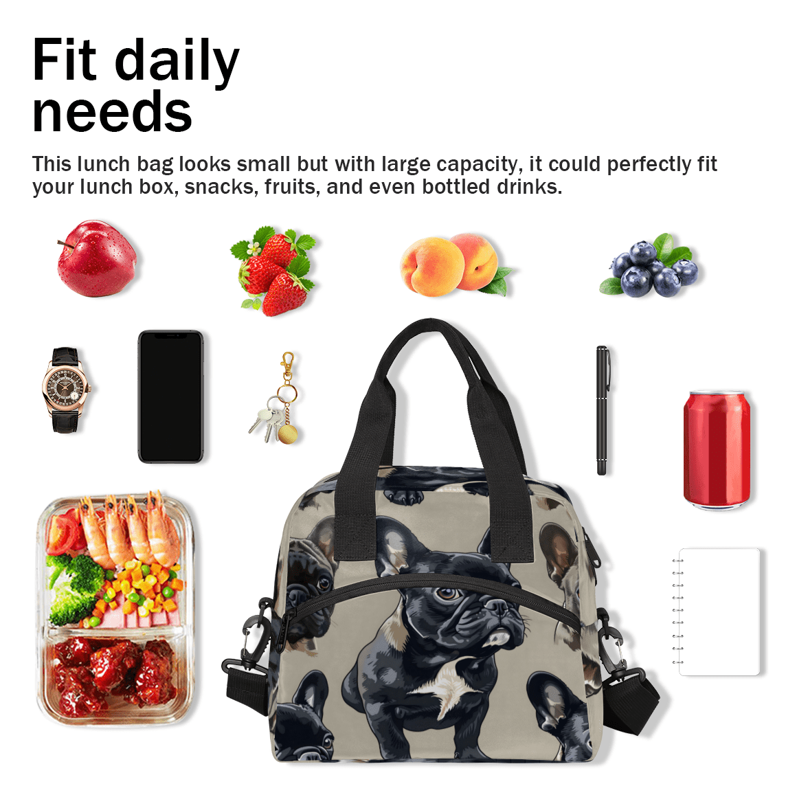 Herdesigns French Bulldog Insulated Lunch Bag for Women Men Adults Large Reusable Lunch Box Leakproof Portable Cooler Tote Bags with Adjustable Shoulder Strap