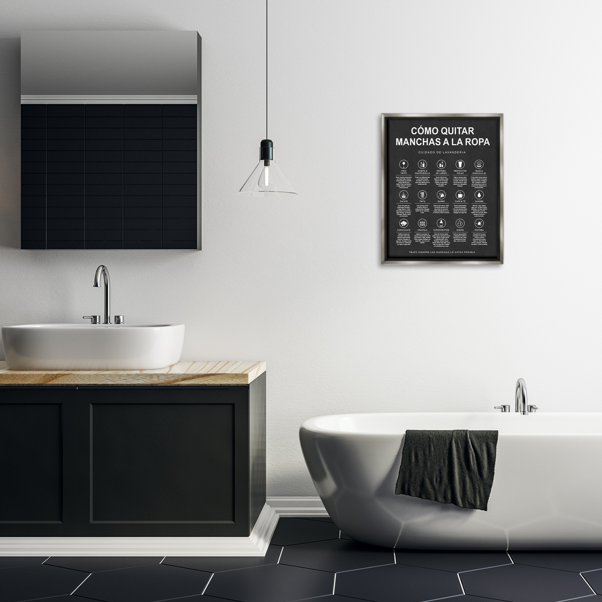 Stupell Industries Guía de Limpieza de Manchas, Negro Bath & Laundry Painting Gray Floater Framed Art Print Wall Art, 17 x 21