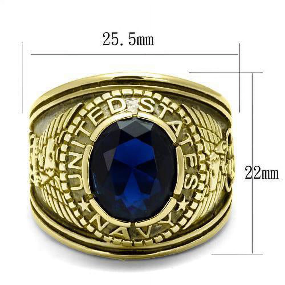 US Navy Ring for Men and Women Unisex Stainless Steel Military Patriotic Ring in Gold with Blue Stone