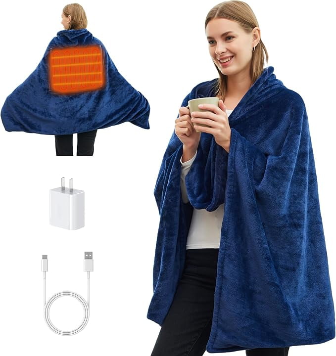39x27inch Cordless USB Heated Blanket Shawl with Buttons Soft Sherpa Berber Fleece Portable Battery Powered Electric Blanket Heated Throw Wearable Portable Heating Warming Blanket for Car Office