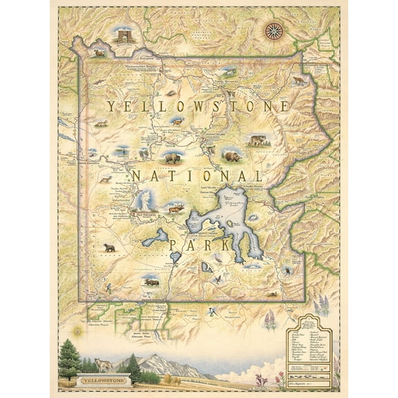 Yellowstone National Park and-Drawn Map Poster - Authentic 18x24 Vintage-Style Wall Art - Lithographic Print with Soy-Based Inks - Made in USA