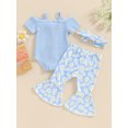thumbnail image 5 of vera natura Baby Girl 3 Piece Outfits, Short Sleeve Cold Shoulder Ribbed Romper + Flare Pants + Bow Headband Summer Set, 5 of 8