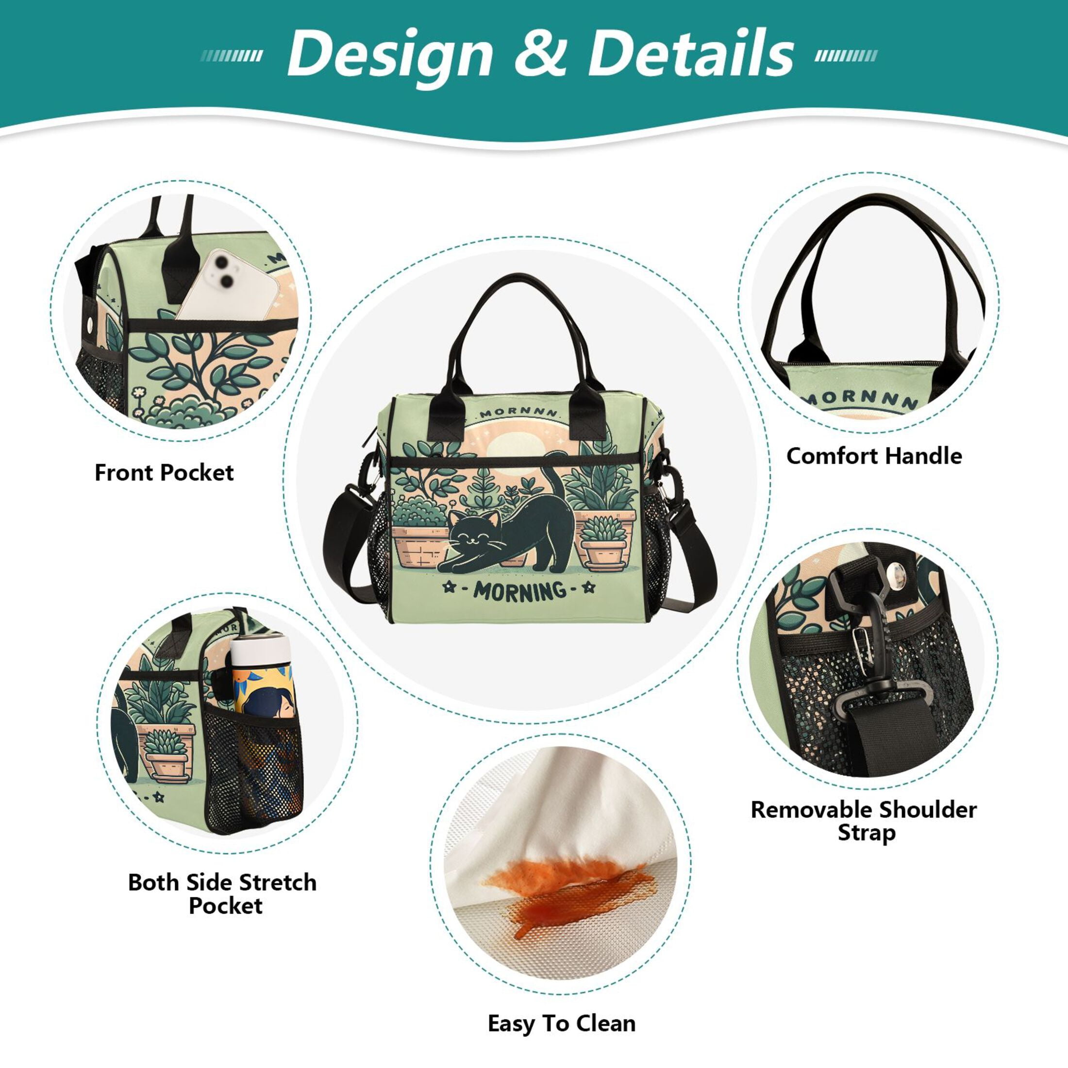 ALAZA Morning Black Cat Insulated Lunch Bag Reusable Tote Box Adjustable Shoulder Strap for Work Picnic