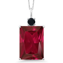 Gem Stone King 925 Sterling Silver Red Created Ruby and Black Onyx Pendant Necklace for Women (20.22 Cttw, Emerald Cut 18X13MM, With 18 inch Silver Chain)