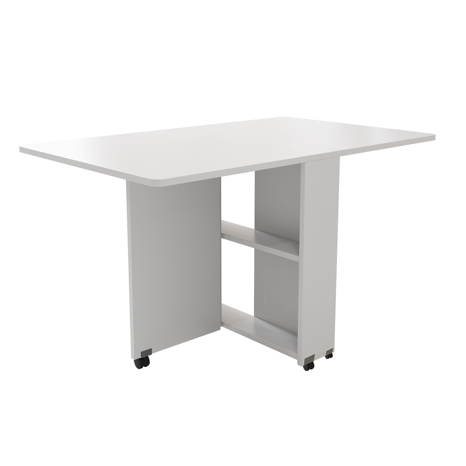 PORKISS Folding Dining Table, Space Saving Versatile Dining Room Table, Folding Kitchen Table with Wheels, Storage Shelf for Small Apartment, White (Only Table)