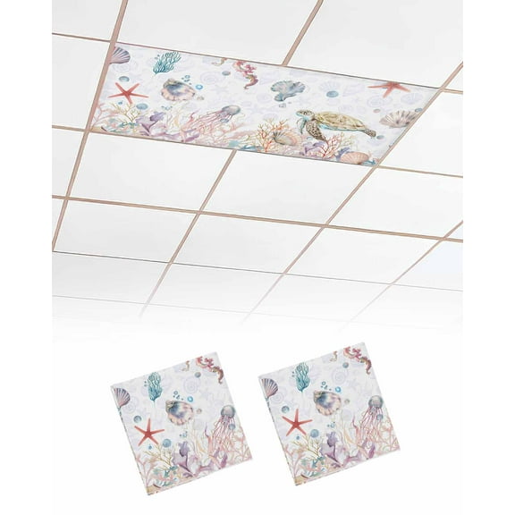 Fluorescent Light Covers for Ceiling Lights 2 Pack, Coastal Sea Turtle Magnetic Ceiling Light Covers 2x4ft for Classroom Office School, Summer Beach Nautical Starfish Coral Drop Ceiling Light Shade