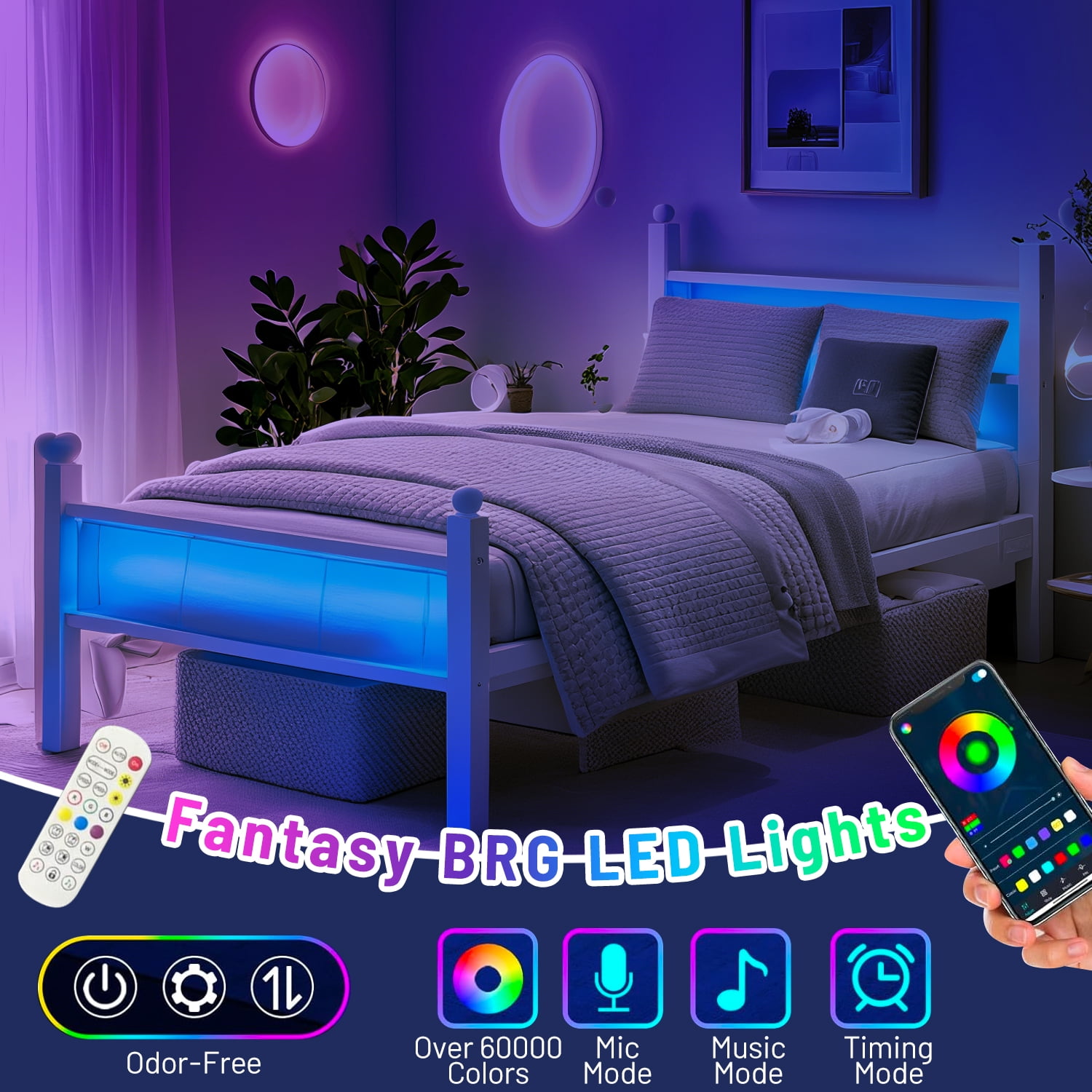Chuangshuo Guard Twin Size Bed Frame with LED Storage Headboard Shelf , Metal Platform Bed, Noise-Free, White