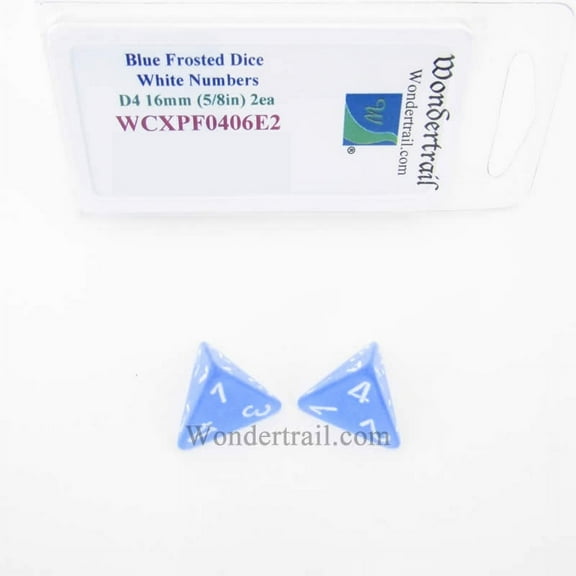 Blue Frosted Dice with White Numbers D4 Aprox 16mm (5/8in) Pack of 2 Wondertrail