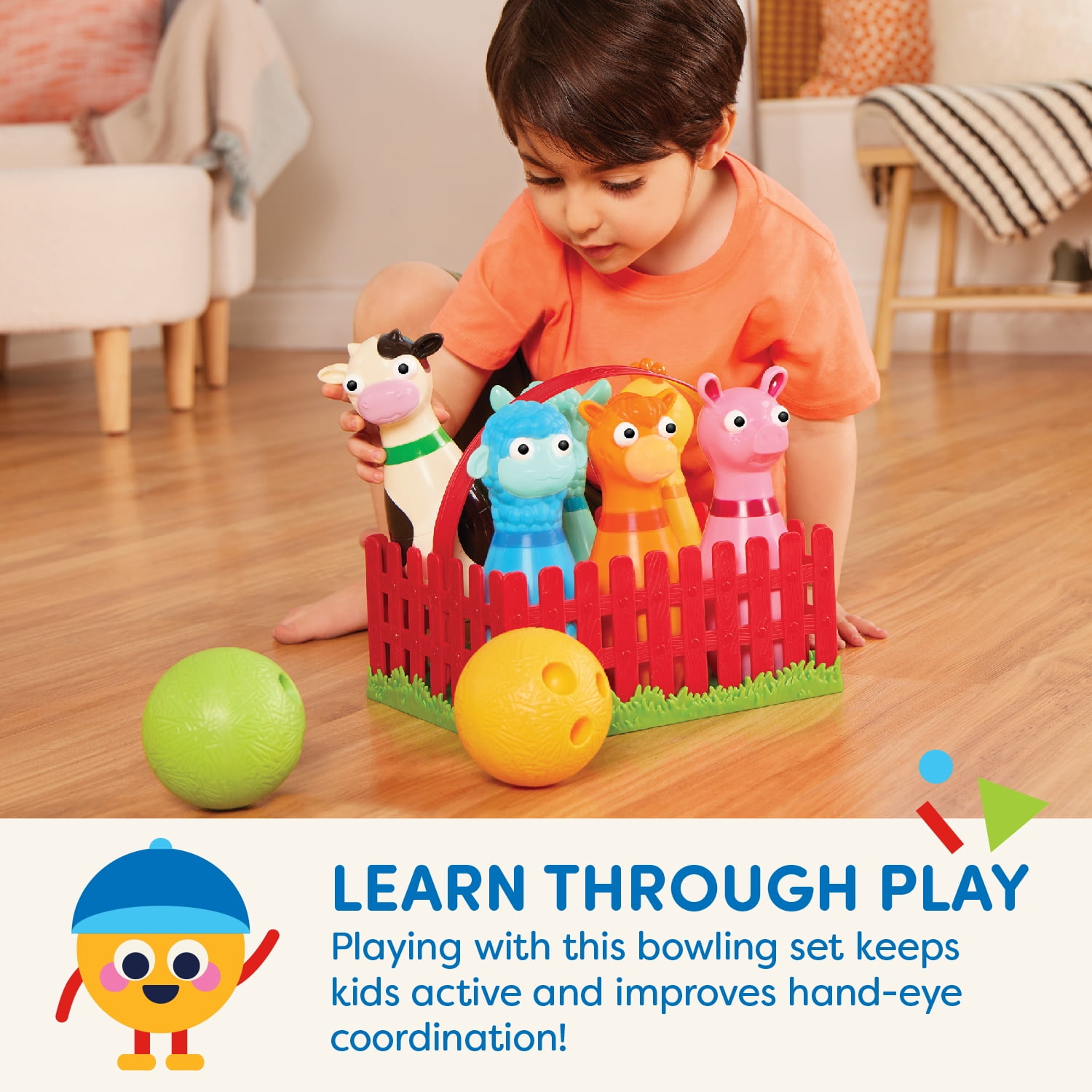 Battat Barnyard Bowling Set with 6 Farm Animal Pins 2 Balls, Toddler and Preschool Toys  (图5)