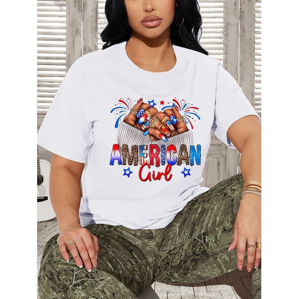 Camiseta estampada patriótica de American Girl - Cuello redondo informal de manga corta, 100 % algodón, lavable a máquina - Diseño festivo de estrellas y rayas para mujer, camisetas informales